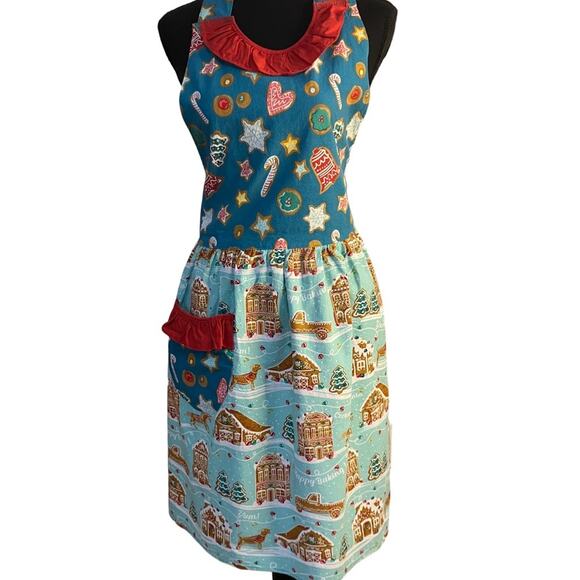 Festive Holiday Apron with Gingerbread and Candy Print - Picture 1 of 9